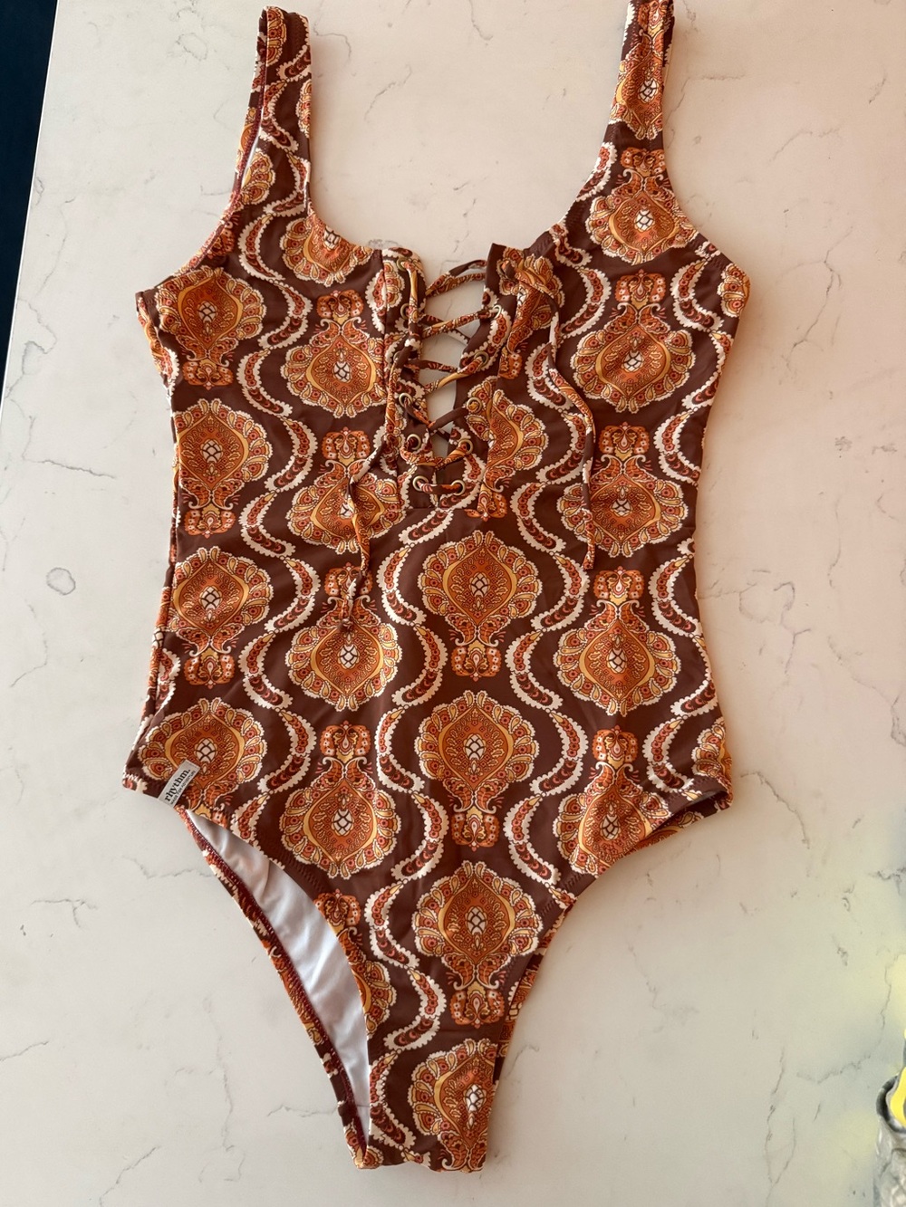 Lace-Up One-Piece Swimsuit in Brown & Orange Paisley